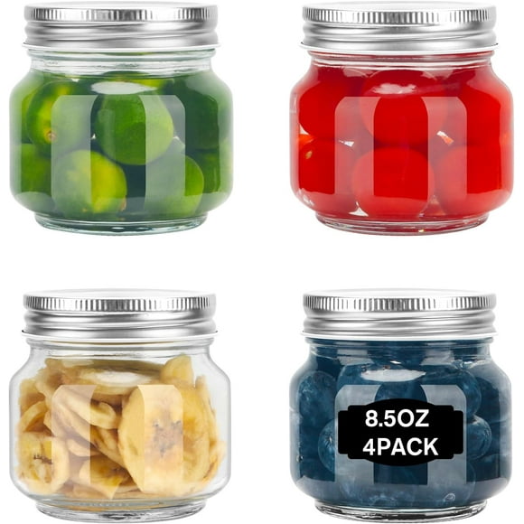 Glass Mason Jars, 4 Pack 8.5oz Clear Glass Regular Mouth Canning Jars with Lids for Sealing, Ideal for Food Storage, Snacks, Candies, Jam, Honey, Wedding Favors, Shower Favors, DIY Projects