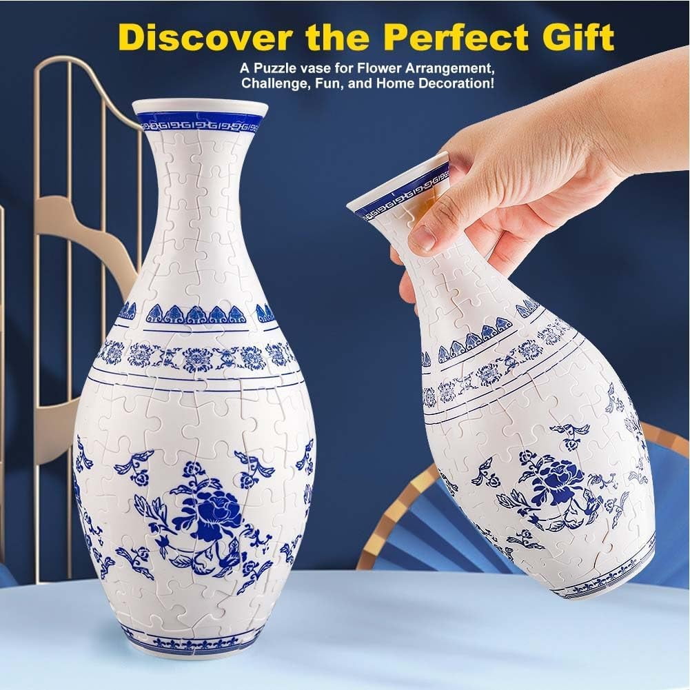 3D Vase Puzzles for Adults, 3D Arts Puzzle Vase, DIY Kitchen Bouquet Unique Puzzles, Flower Vase Puzzle Accessories, Living Room Ornaments, for Adults Child(Blue and White)
