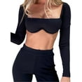 thumbnail image 1 of Dewadbow Women Rib Knit Crop Tops Long Sleeve Square Neck Stretchy Blouse, 1 of 6
