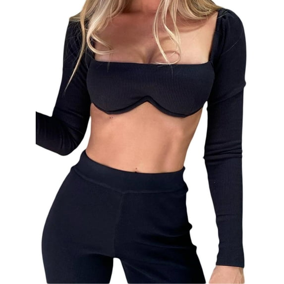 Dewadbow Women Rib Knit Crop Tops Long Sleeve Square Neck Stretchy Blouse