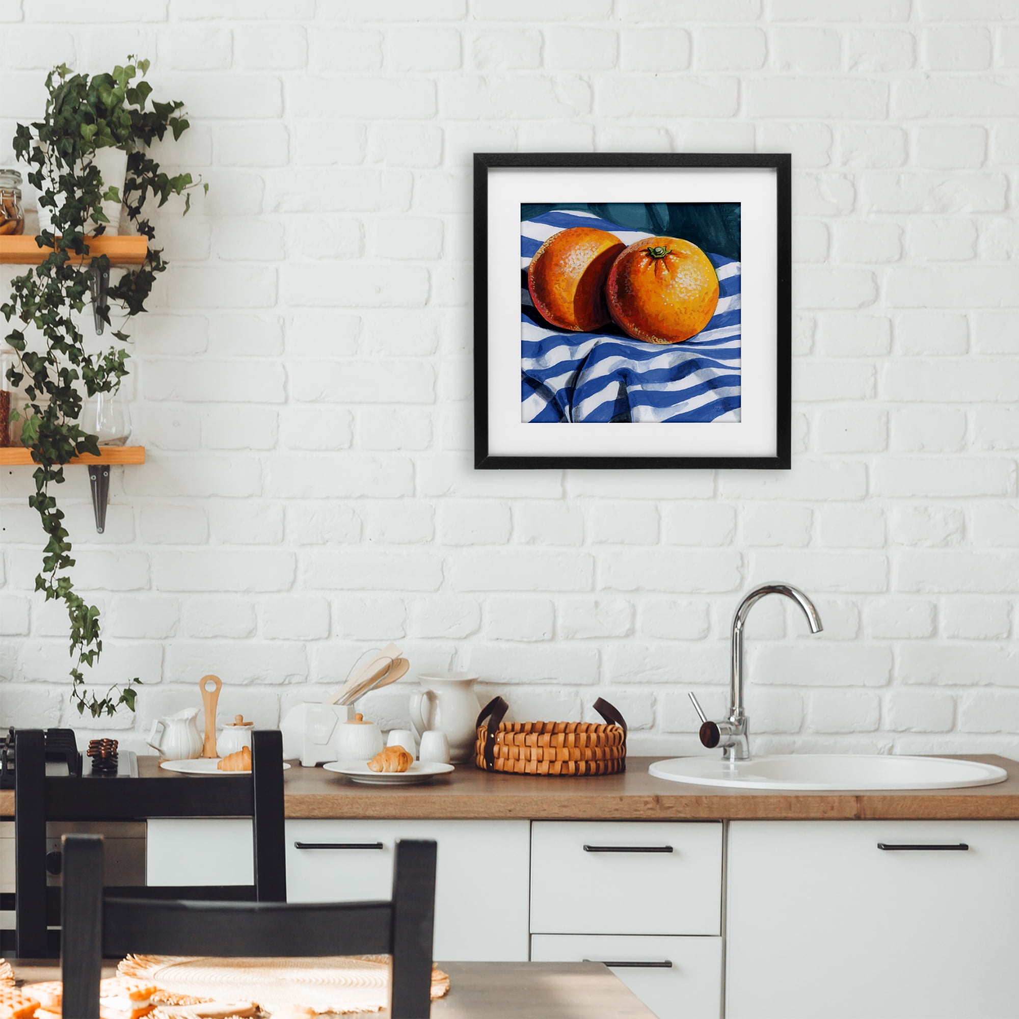 Stupell Industries Oranges On Striped Cloth Black Framed Print Under Glass, design by Kate Jarvik Birch