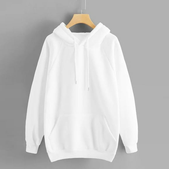 IMENGL Solid color casual hooded pocket long sleeve pullover sweatshirt, White L, Size M-2XL