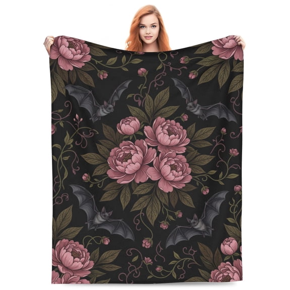 Gothic Blanket, Floral Bat Flannel Throw Blanket, Soft Cozy Lightweight Blanket for Bedroom, Sofa, Home Decor, Halloween Gift 50x40