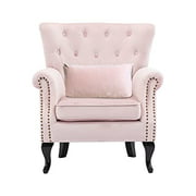 Mid Century Accent Chair Modern Button Tufted Armchair Club Chair Velvet Single Sofa Lounge Chair with Pillow for Living Room Bedroom, Pink