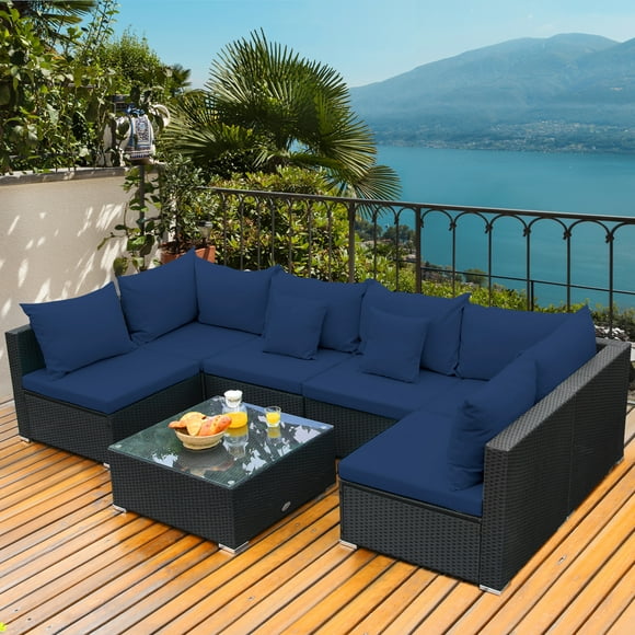 Gymax 7PCS Rattan Patio Conversation Set Sectional Furniture Set w/ Navy Cushion