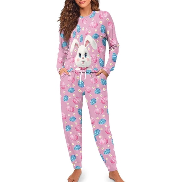 DHFJKG Pajamas For Women Set Easter Long Sleeve Pjs Bunny Print Sleepwear Crewneck Pullover Top Ankle-Tied Bottoms With Drawstring Cozy Loungewear