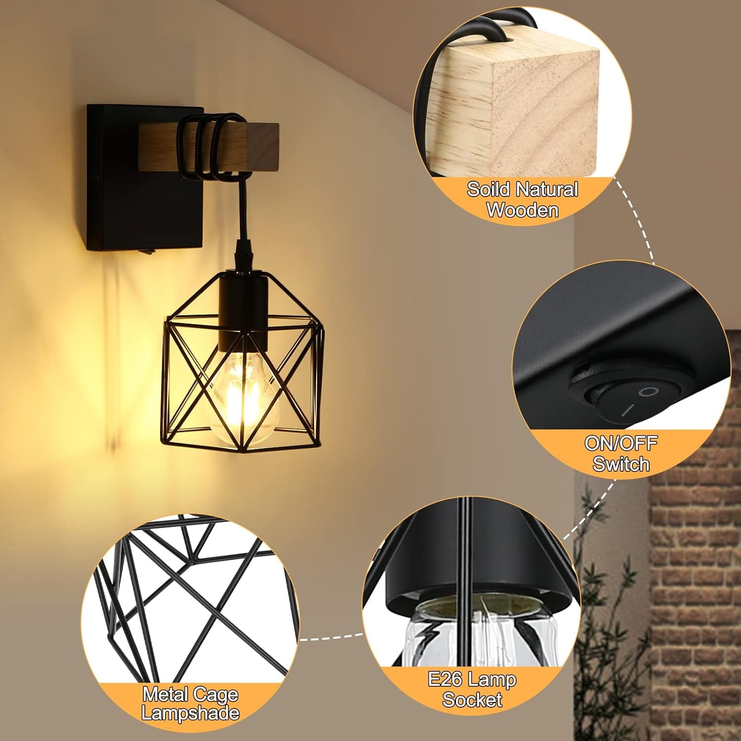 Black Wall Sconce with ON/Off Switch Pack of 2, Dimmable Cage Wall Mount Light Fixture Industrial Farmhouse Lighting