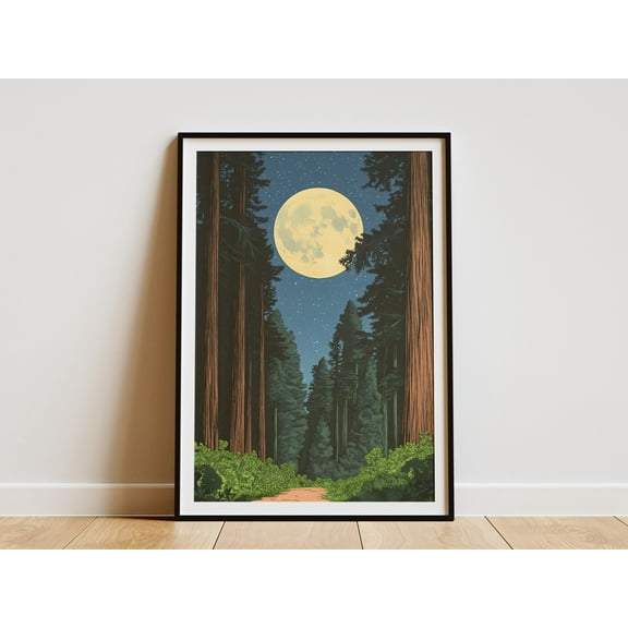 Redwood National Park Poster Moonlit Night Print Vintage Style Redwood Forest Art Print California Travel Poster Nature Lover Gift Wall Art - Poster Unframed