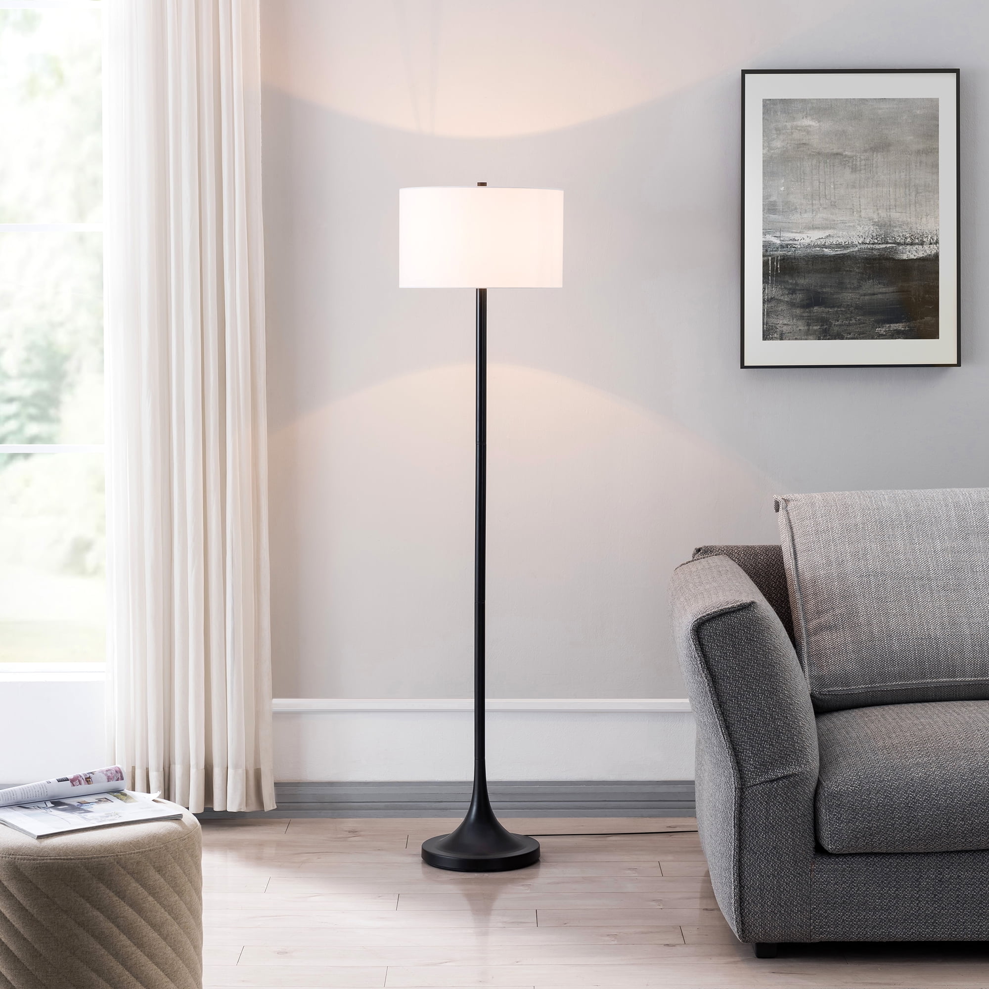 Evelyn&Zoe Josephine 62" Tall Floor Lamp with Fabric Shade, Blackened Bronze/White