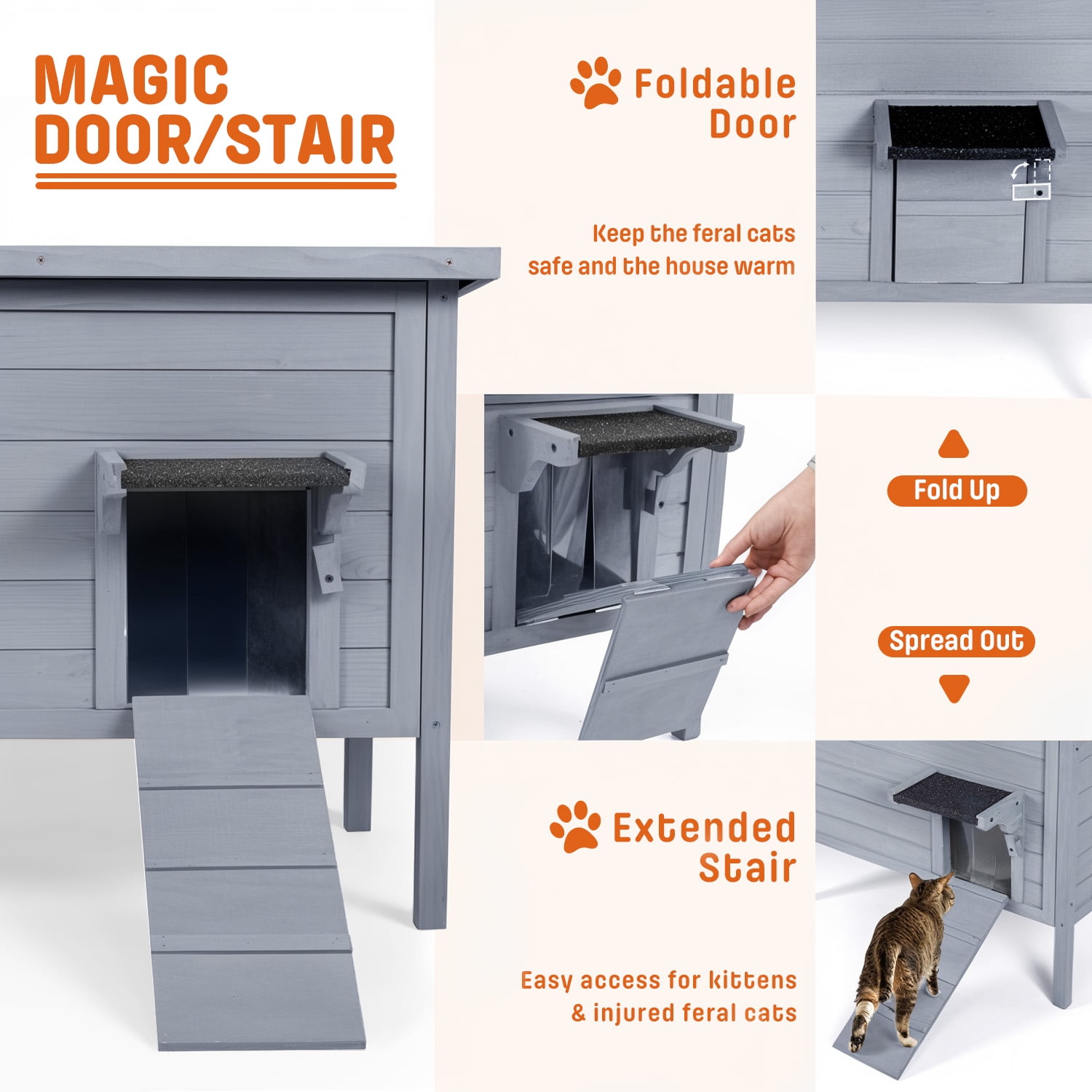 FODINGHILL Outdoor Cat House,Waterproof Cat Shelter for Winter,Feral Cat House Outdoor,Gray