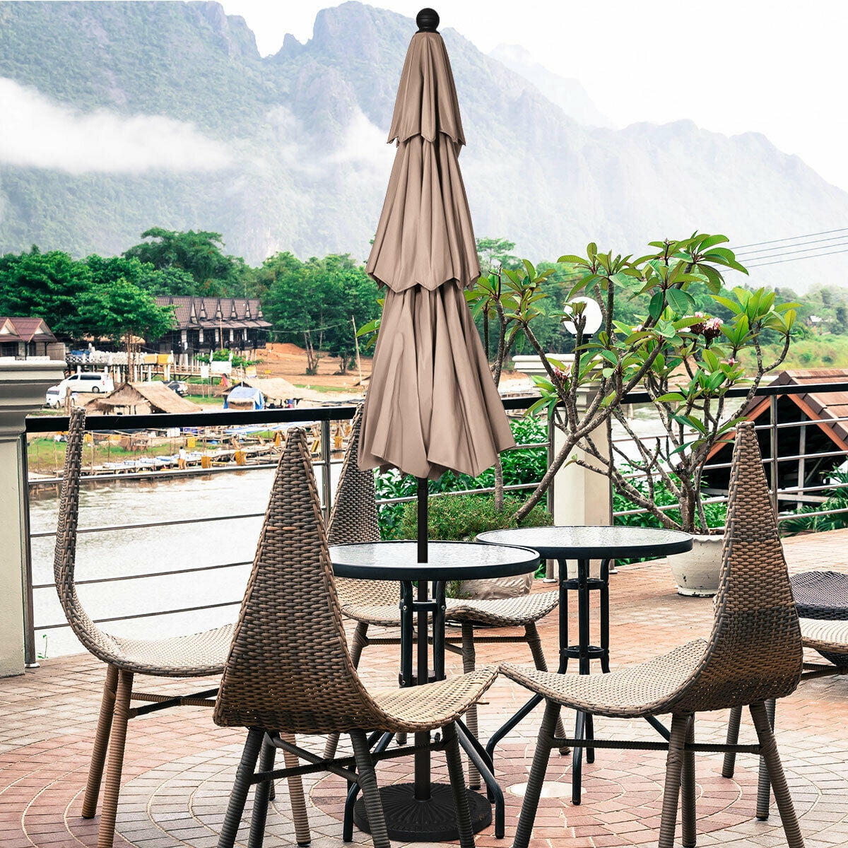 Gymax 10ft 3 Tier Patio Market Umbrella Aluminum Sunshade Shelter Double Vented Beige
