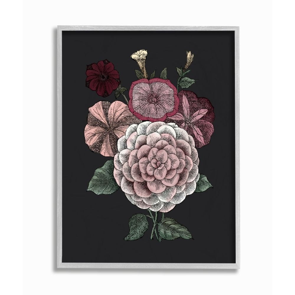 Stupell Industries Pink Flowers On Black Drawing Design Gray Framed Art Print Wall Art, 16x20, by The Saturday Evening Post