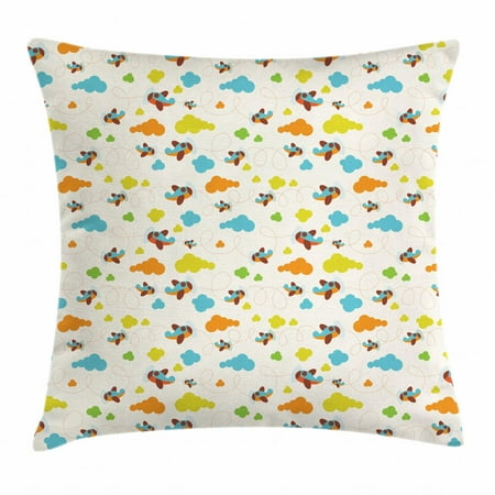 - Nursery Airplane Throw Pillow Cushion Cover, Cheerful Toddler Pattern of Pastel Fluffy Clouds Aircraft and Dashed Lines, Decorative Square Accent Pillow Case, 16 X 16 Inches, Multicolor, by Ambesonne