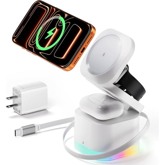 5 in 1 Magnetic Wireless Charger Stand with Night Light, Foldable Wireless Charging Station Built-in Retractable Cable, Fast Wireless Charger for iPhone 17/16/15/14/13/12, Apple Watch, AirPods Pro 3