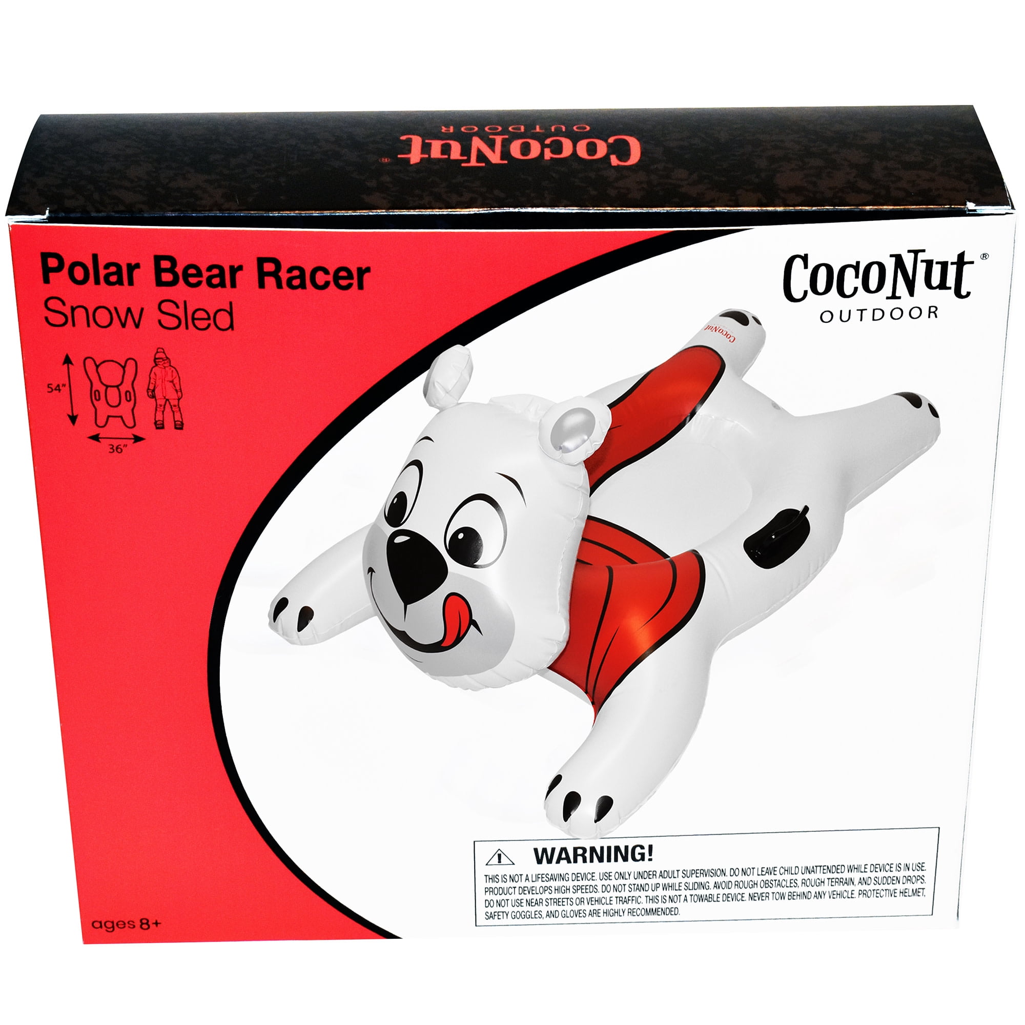 CocoNut Outdoor: Polar Bear Racer - 54x36" Snow Sled, Character Shaped Inflatable Winter Toboggan, Cold Resistant PVC, 200lb Cap, Kids-Teens-Adults 8+