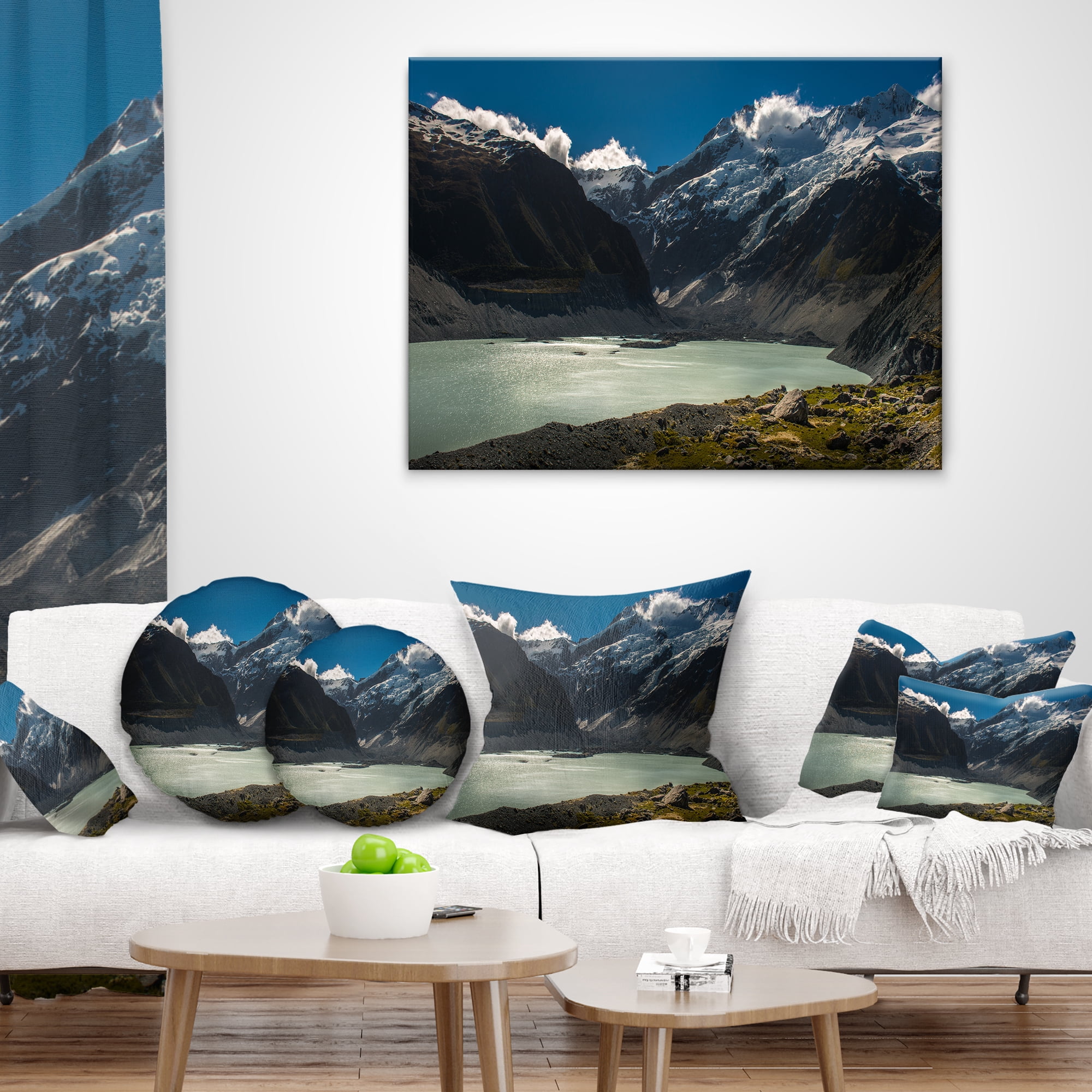 Designart Frosty Mountains Over Blue Lake - Landscape Printed Throw Pillow - 18x18