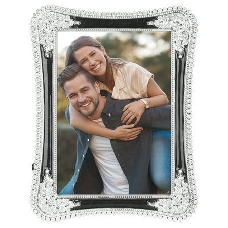 REGALWOVEN Plated Picture Frame with Crystal for Wedding Shiny with Clear Glass Photo Frames for Tabletop Decor Silver and Black 5x7