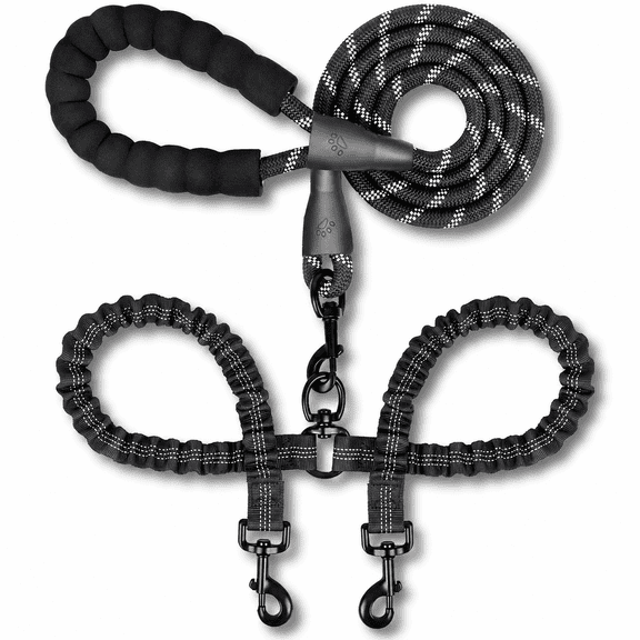 Double Dog Leash for 2 Dogs, Dual Dog Training Leash, 360 Swivel No Tangle Walking Two Dog Leash for Dog Training, Shock Absorbing Bungee Double Leash for 2 Dogs, Black (25-150 lbs)