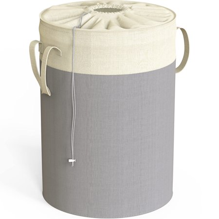 Simple Houseware 74L Collapsible Laundry Hamper, Round Cotton Basket with Drawstring Closure and Handles, Gray