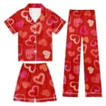 thumbnail image 2 of Girls Pajamas 3Pcs Satin Button Down Pjs Short Sleeve Top Shorts & Long Pants Cute Patterns Valentine's Day Pajama Outfit with Pockets Silky Nightwear Nighty for Teens, 2 of 7