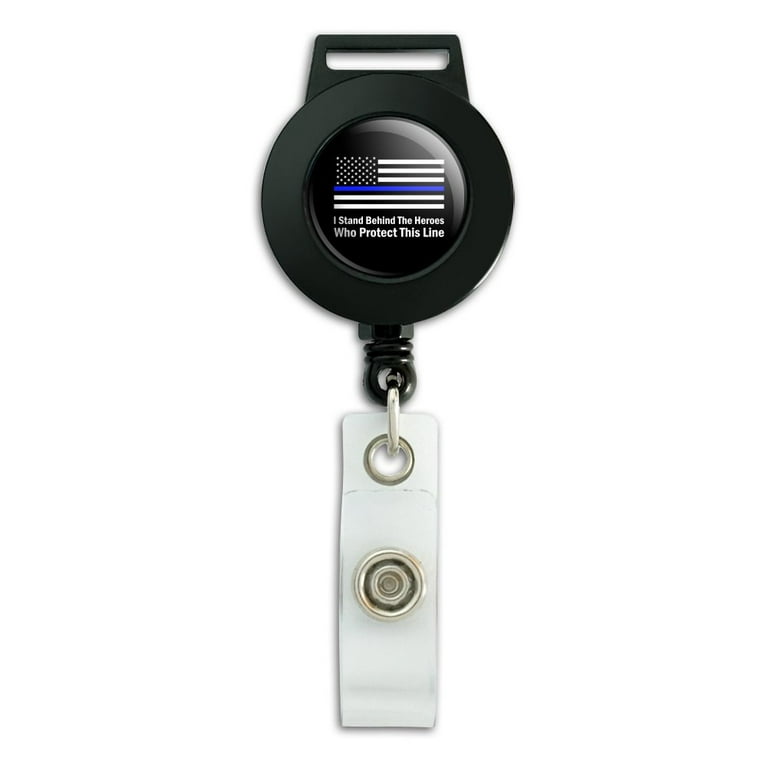 I Stand Behind the Heroes Who Protect This Line Thin Blue American Flag  Lanyard Retractable Reel Badge ID Card Holder 