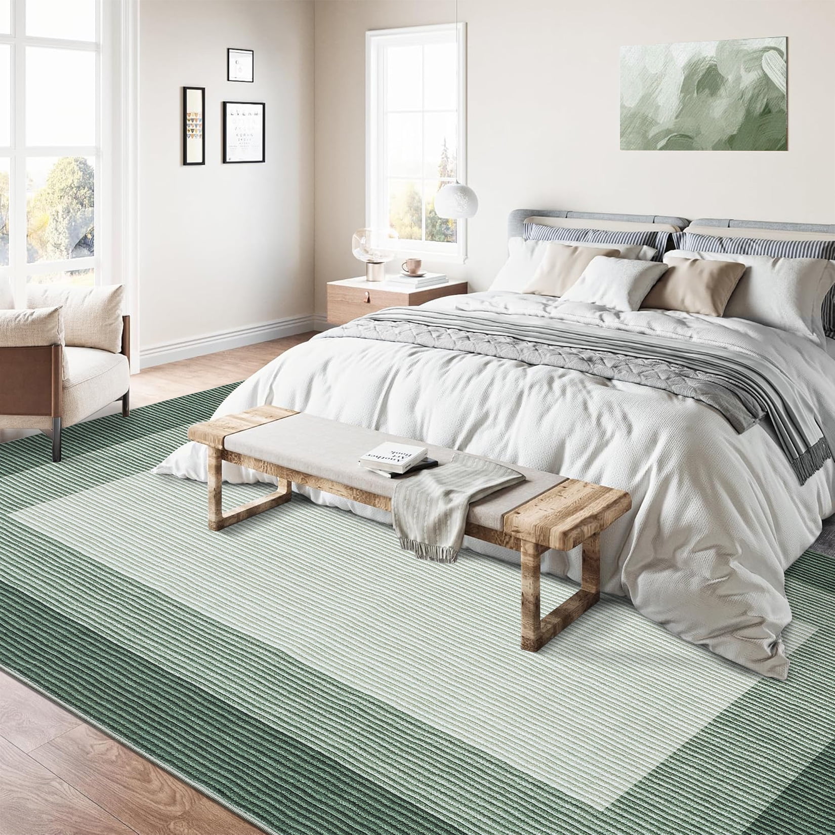 Haperlare Bordered Strip Print Area Rugs Washable Low Pile Rugs for Family Room Nursery Modern Green Indoor Floor Carpet,10'x13'