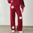 thumbnail image 7 of Embroidery Floral Sweater Pants for Womens Casual Loose High Waisted Boho Straight Wide Leg Knit Comfy Lounge Pants Loungewear Fall Clothes - Red,S, 7 of 7