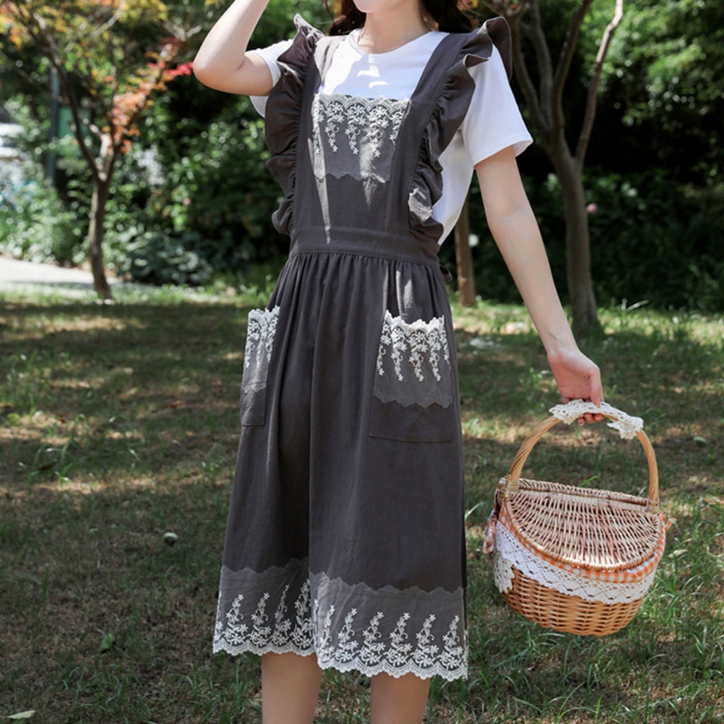 Aellinatey Cotton Linen Lace Trim Ruffled Apron with Pockets for Culinary and Handicraft