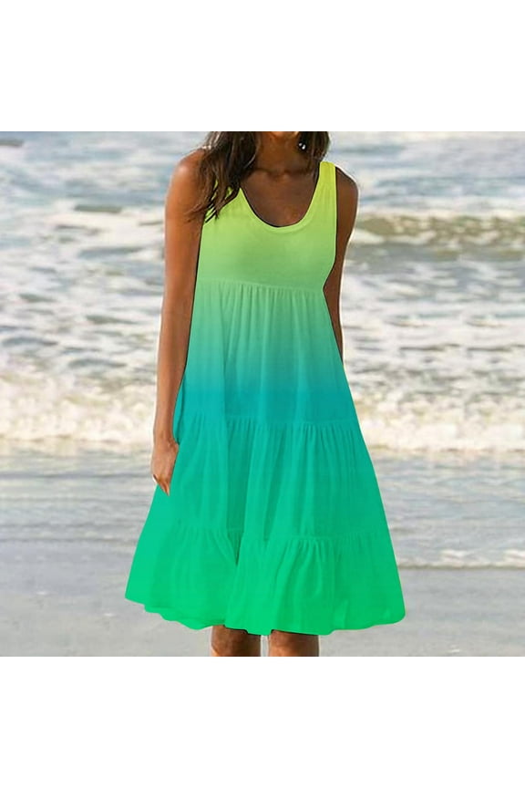 Sundresses for Women Sleeveless Cute Mini Dress Tiered Summer Flowy Boho Sundress Beach Casual Beach Resort Wear Vacation Sun Dresses Spring Summer Tank Dress Green,XXXL