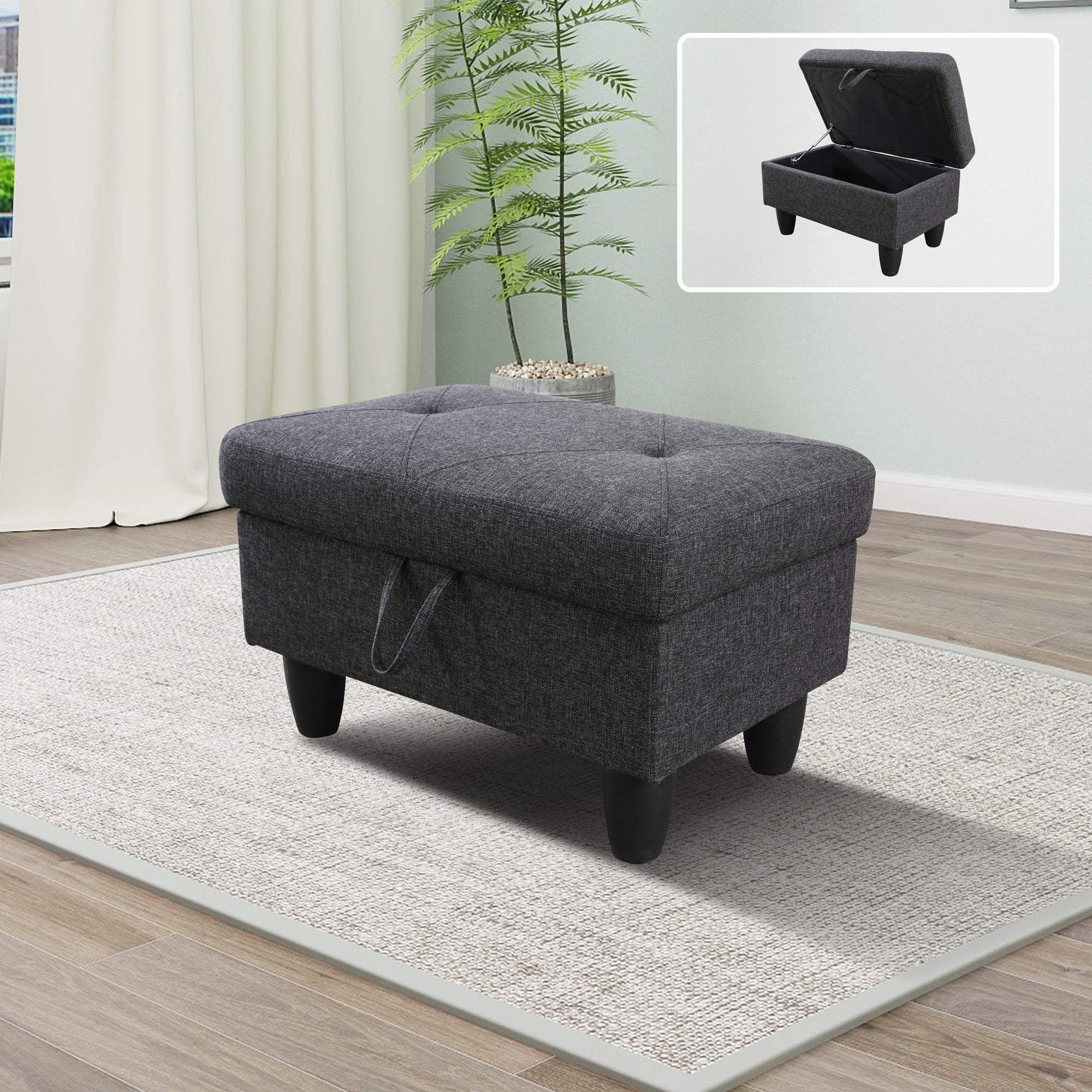 Gewnee 28.5" Storage Ottoman Bench Linen Upholstered for Living Room Bedroom Entryway Dark Gray