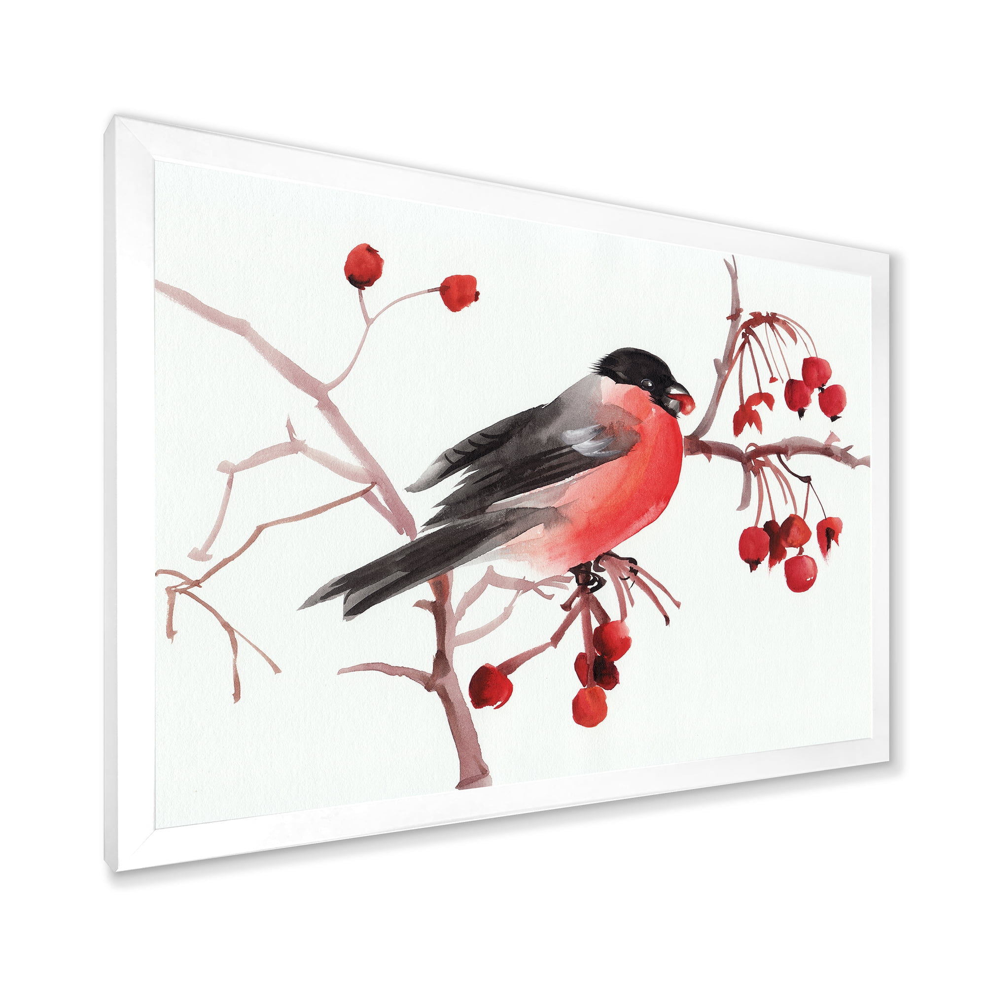 Designart 'Bullfinch Bird Sitting On A Branch' Traditional Framed Art Print