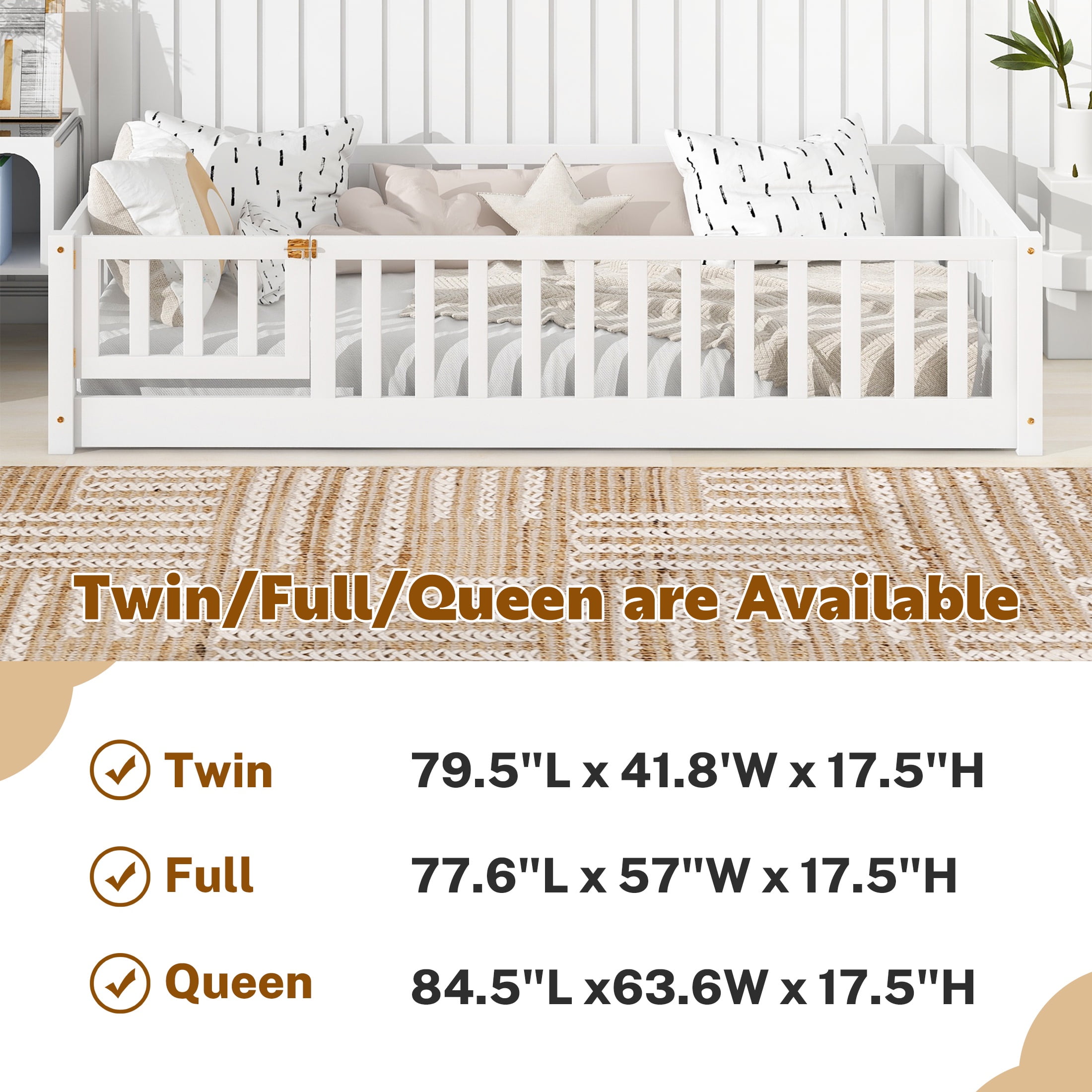 PAPROOS Twin Size Floor Bed, Solid Wood Toddler Bed with Slat, Fence Guardrail and Door, No Box Spri(图4)