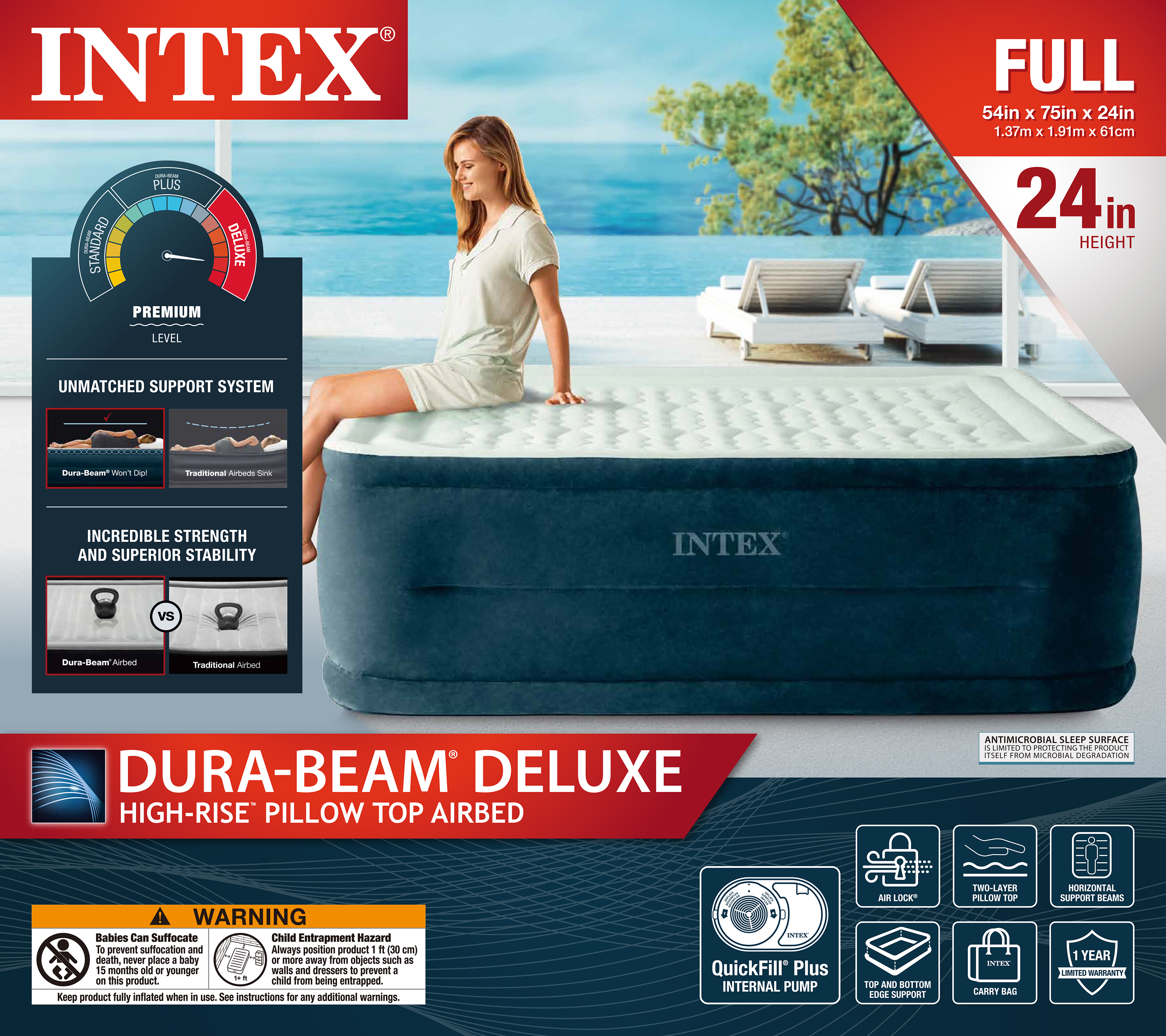 Intex 24" Dream Lux Pillow Top Dura-Beam Airbed Mattress with Internal Pump - Full - image 2 of 12