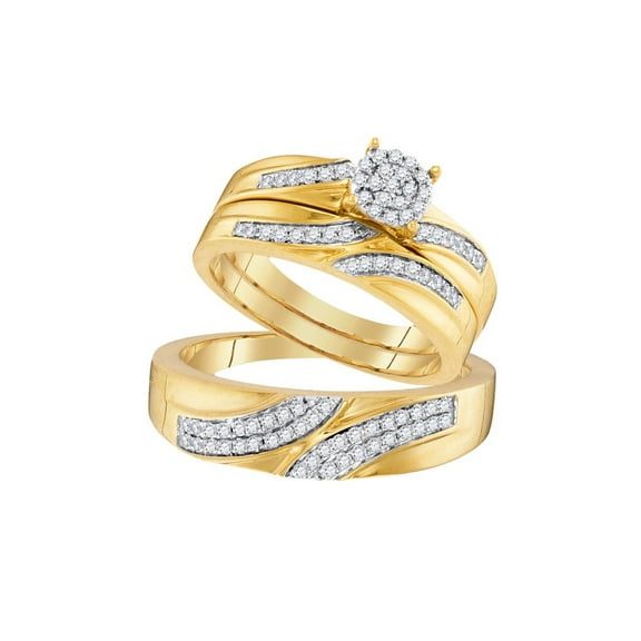 10kt Yellow Gold His & Hers Round Diamond Cluster Matching Bridal Wedding Ring Band Set 3/8 Cttw