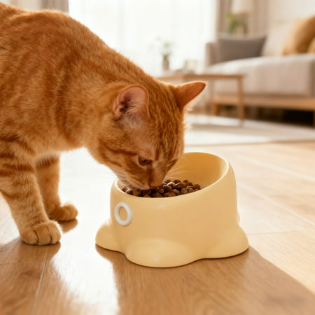 Cat Food Bowl Large Capacity Elevated Pet Dish Cute Drinking Bowl Neck Support Anti-Spill Plastic Feeder for Cats Whisker Friendly 7x5 Inches