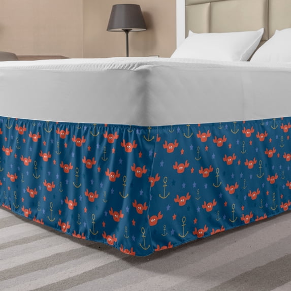 Under the Sea Bed Skirt, Sea Crabs Stars and Anchors in Cartoon Style Fun Kids Nursery, Elastic Bedskirt Dust Ruffle Wrap Around for Bedding Decor, 4 Sizes, Blue Orange Pale Brown, by Ambesonne