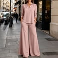 thumbnail image 6 of Cagogo Women Plus Size 2 Piece Outfit V Neck Long Sleeve Top Wide Leg Pants Casual Sets Solid Loungewear Lounge Set Travel Airport Clothes, Pink S, 6 of 7