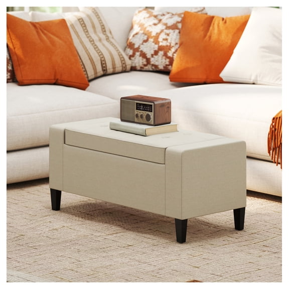 36" Storage Ottoman with Lift Top, Linen Bench with Rubberwood Legs, Beige