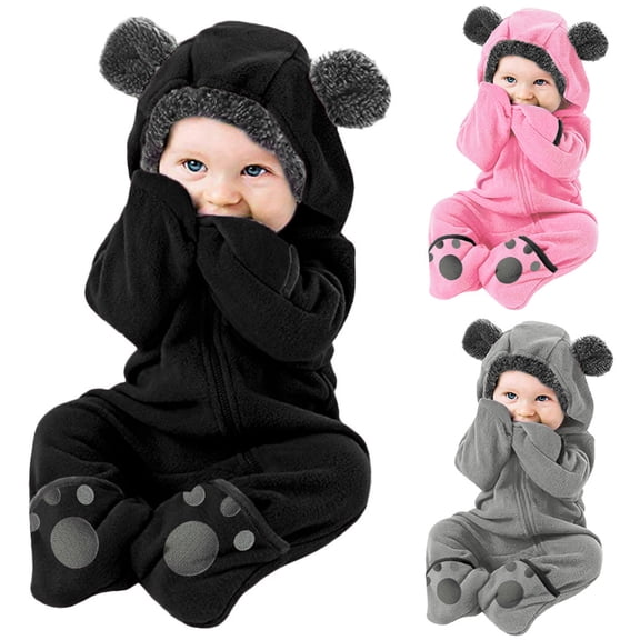 Toddler Kids Boys Girls Infant Fleece Hooded Romper with Cute Bear Ear and Paw Print Design Zip Up for Winter Warm Outerwear Jumpsuit 18-24 Months Fall Fashion Clothes