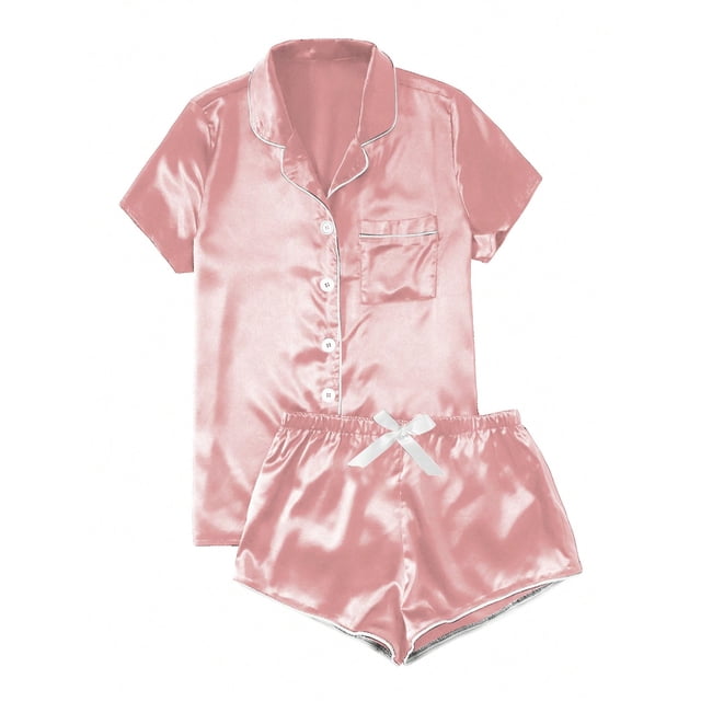Women's Satin Casual Home Button Pajama Set(Pink,L)