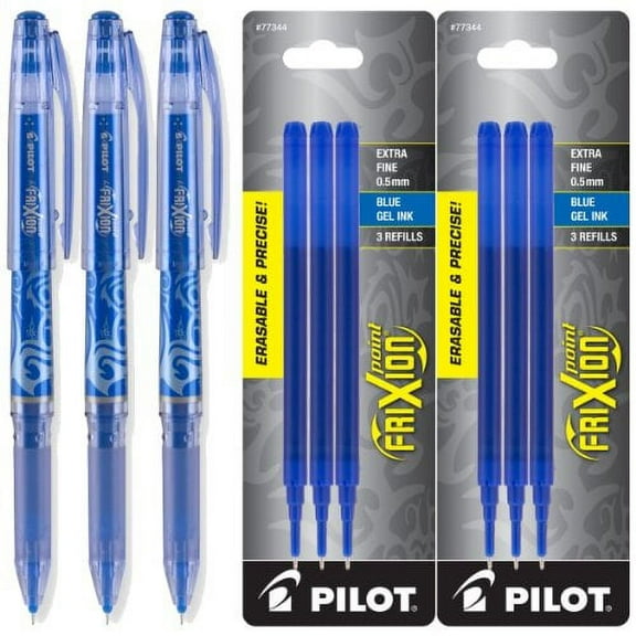 Pilot Frixion Point Gel Ink Stick Pens, Erasable, Extra Fine Point 0.5mm, Blue Ink, Pack of 3 with Bundle Refills