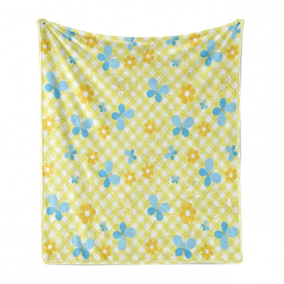 Checkered Soft Flannel Fleece Throw Blanket, Kids Pattern with Daisy Flower and Butterflies, Cozy Plush for Indoor and Outdoor Use, 70" x 90", Baby Blue Pale Blue, by Ambesonne