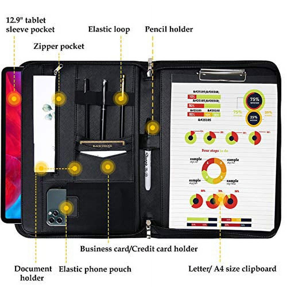 ProCase Portfolio Binder, Leather Padfolio File Folder Zipper Notepad Business Legal Document Holder with Tablet Sleeve, Phone Pouch, Card Organizer, Writing Pad -Black