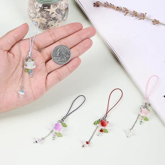 4 pices lotus flower phone charm , Red Pink Blue Purple Beaded Pendant Handmade Decor for Women Suitable for Keychain, bag, Wallet Decoration,pendant gift