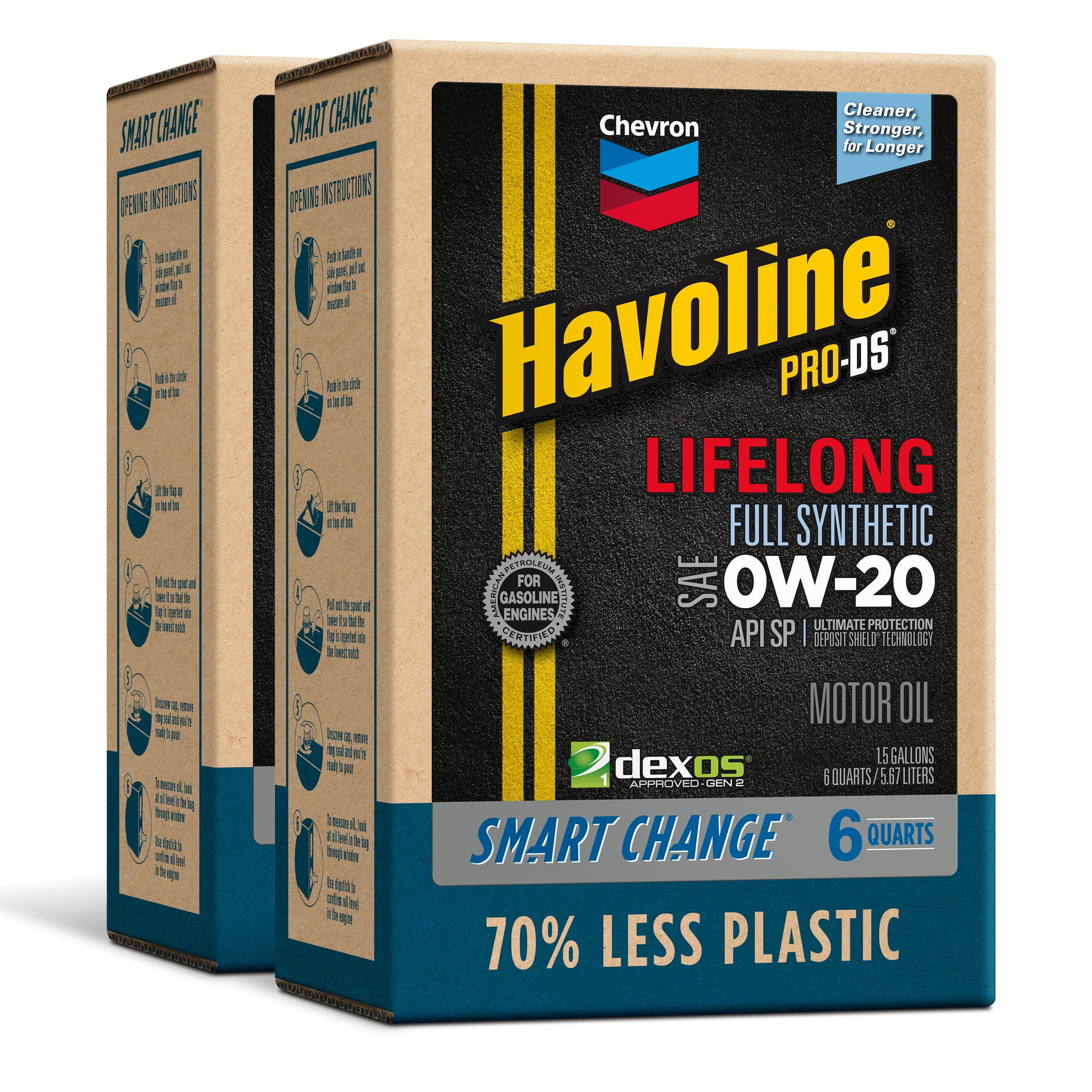 Chevron Havoline Lifelong Full Synthetic Motor Oil 0W-20, 6 Quart Smart Change Box Case (2-Pack)