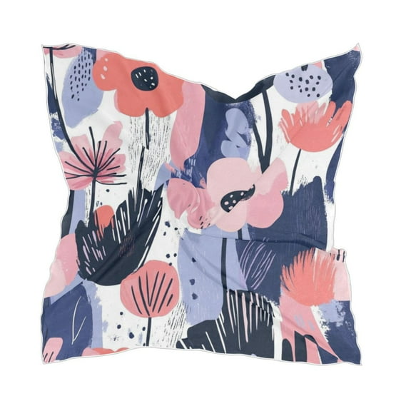Navy Blue Abstract Flowers Women's Fashion Soft Scarf Square Satin Head Scarf Neck Scarf Head Hair Wraps