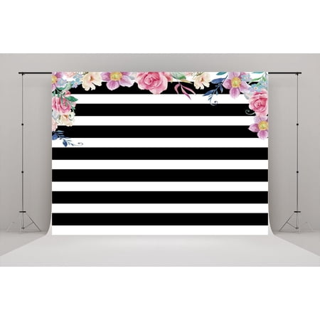 Hellodecor Polyster 7x5ft Black And White Stripes Backdrop Flowers