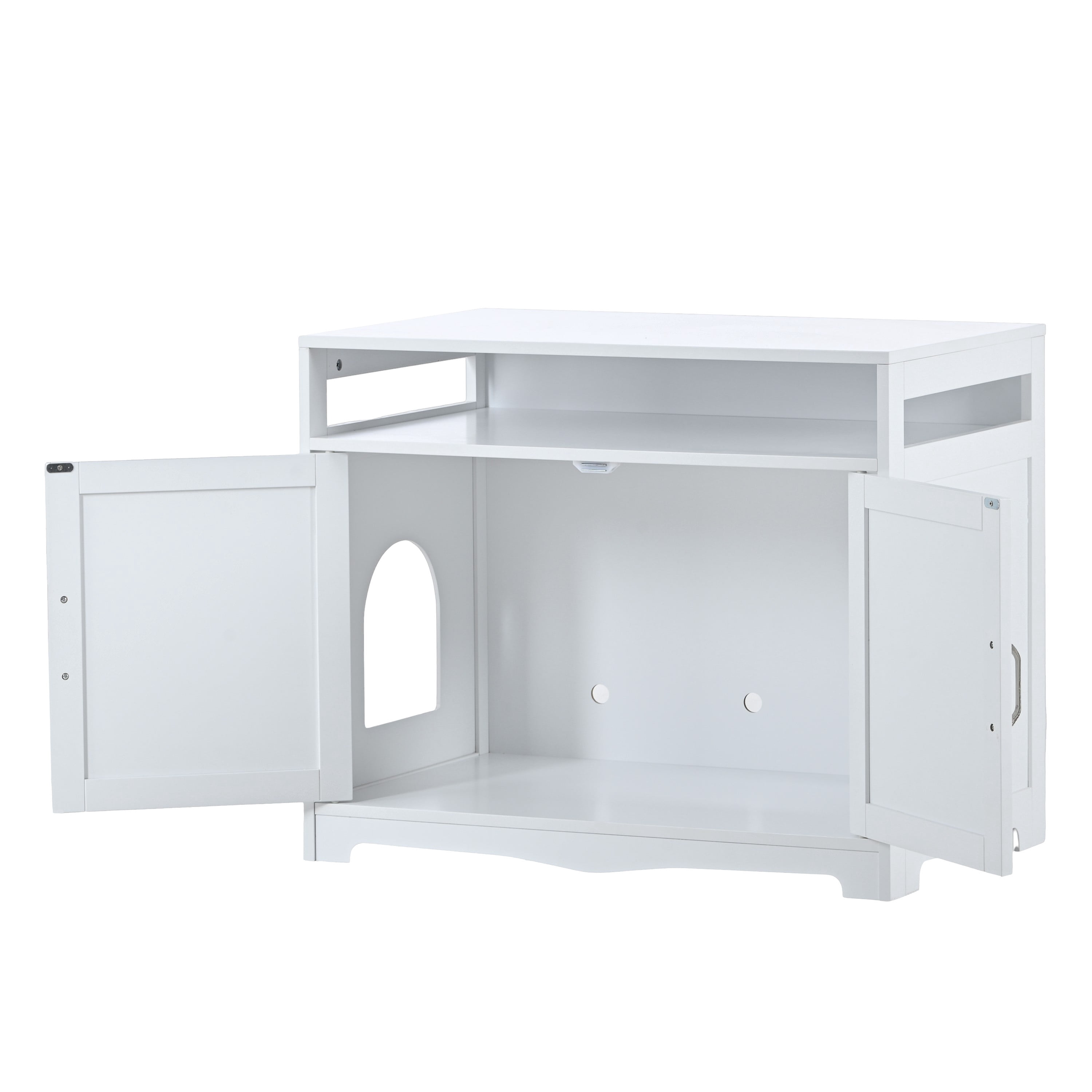 Litter Box Enclosure Furniture with Hidden Plug & 2 Doors, Large Wooden Cat Washroom Storage Bench Side Table, Indoor Pet House, White