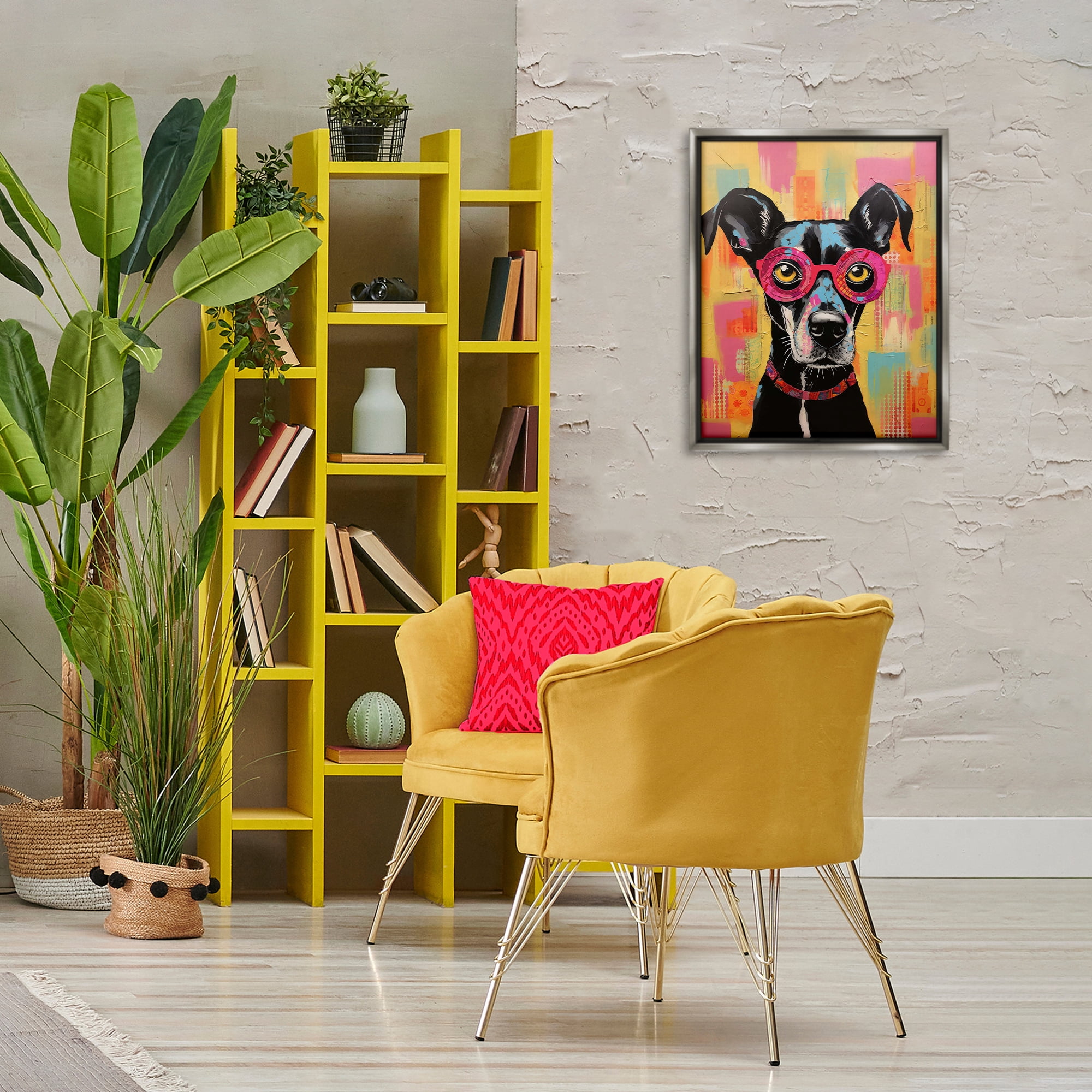 Stupell Industries Dog with Fun Glasses Animals Painting Gray Floater Framed Canvas Art Print Wall Art, 17 x 21