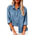 thumbnail image 2 of Homenesgenics Tops for Women Fall Denim Collared Shirt Long-Sleeve Button-Down Denim Shirt with Pockets Casual Loose-Fit Top Blue XXL, 2 of 8